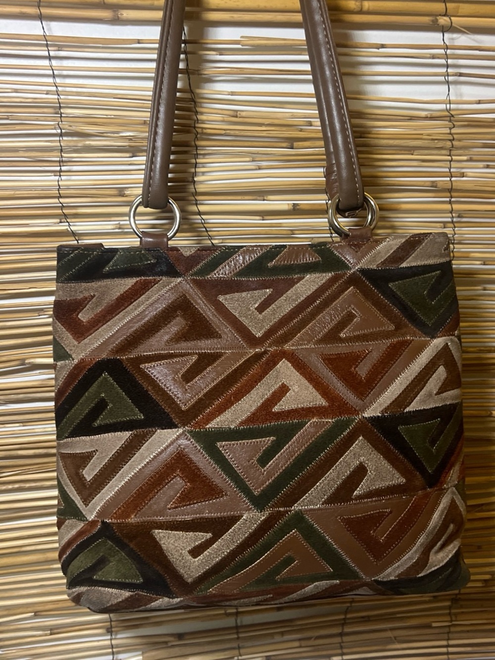 WOW!!! Vintage Stunning Geometric Pattern Suede Tote Bag in Brown & Olive